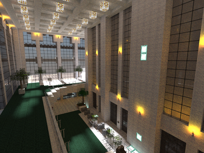 The South Tower lobby with sunlight streaming through large Gothic windows, looking towards the Austin J. Tobin Plaza.