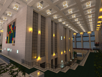 A view of the mezzanine lobby of the World Trade Center's South Tower, with circular balconies, the elevators, and the ticket booth for the observatory.
